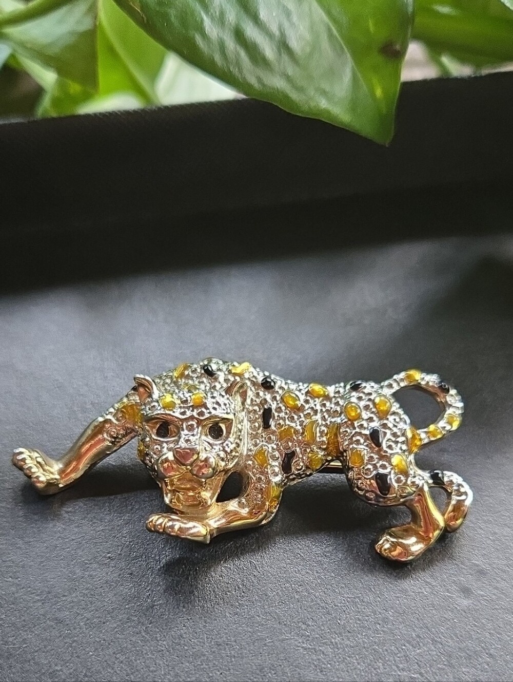 Gold-tone Leopard Brooch with Yellow and Clear Crystal Accents